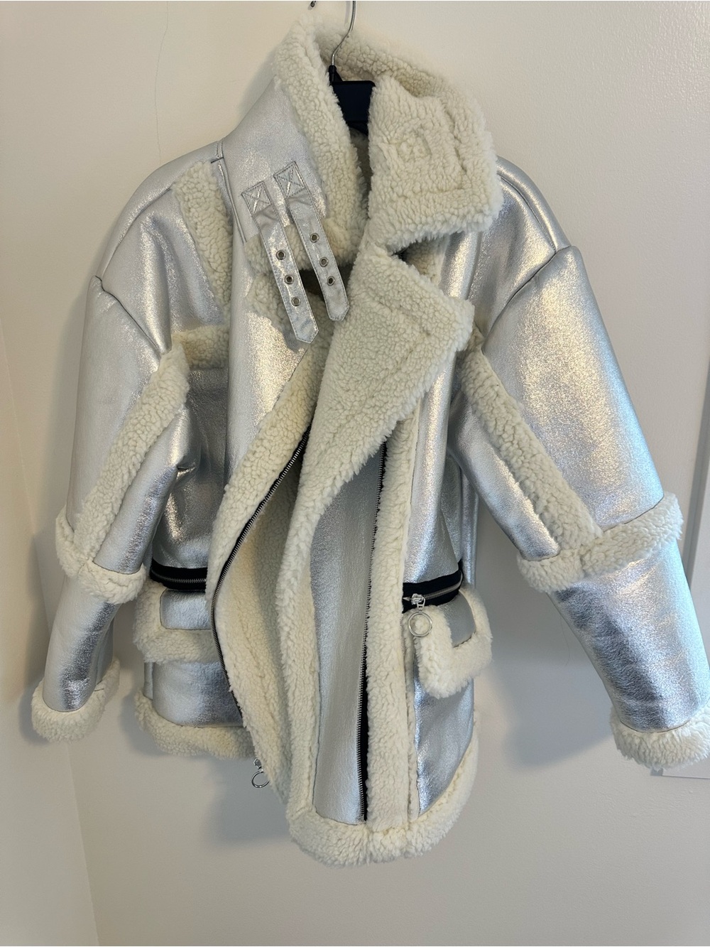 Steve Madden Metallic Silver Faux Shearling Aviator Jacket L